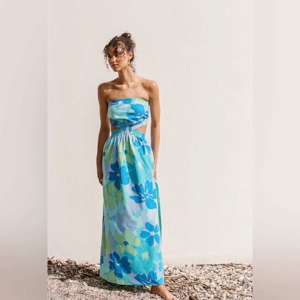 Sabo Skirt Strapless Blue & Green Floral Maxi Dress